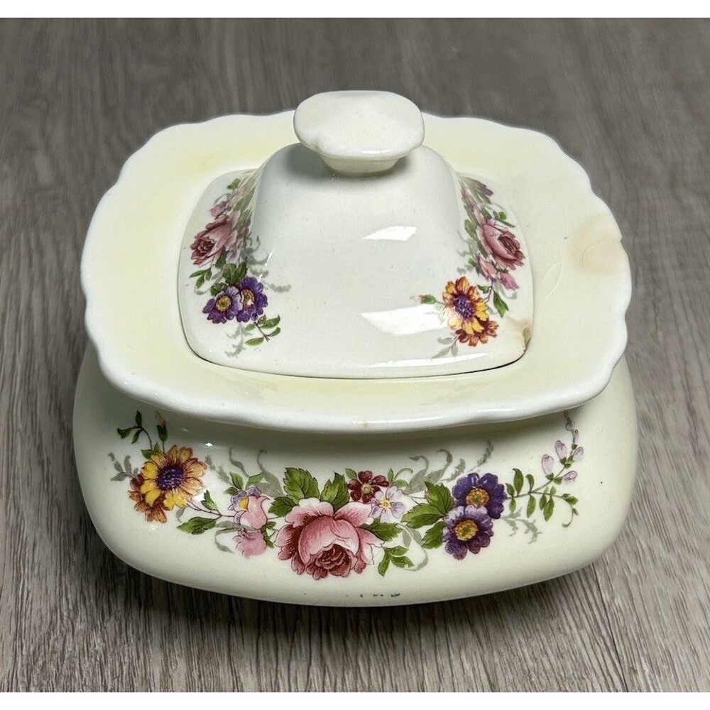 VTG W.S. George Lido Canarytone Floral Sugar Bowl & Lid Covered Dish 882A CHIP